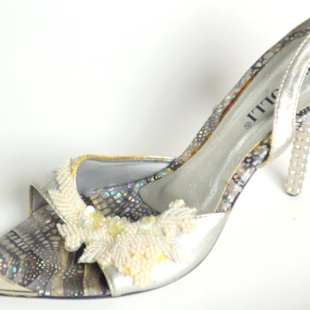 Vintage  Slingback Heels with Rhinestones and Pearls